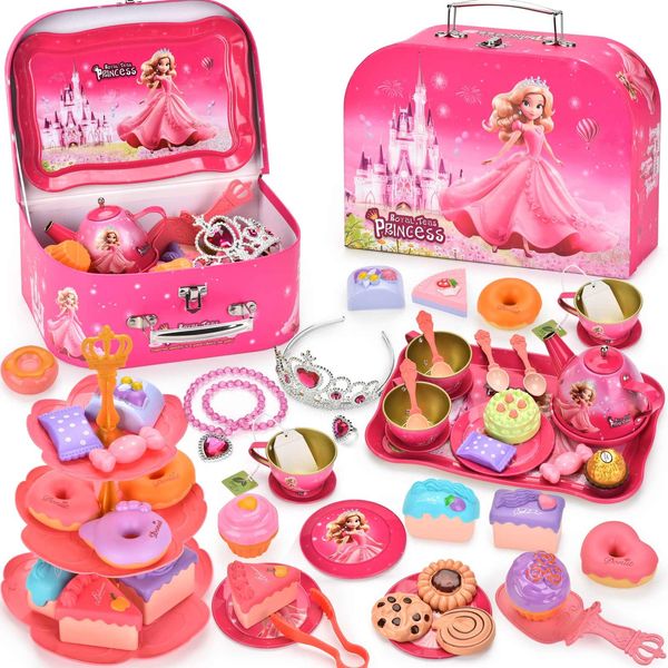 Lajeje 52 Pcs Tea Party Set for Little Girls, Pretend Tin Teapot Set, Princess Tea Time Play Kitchen Toy with Cups, Plates and Accessories for Birthday Easter Gifts Kids Toddlers Age 3 4 5 6