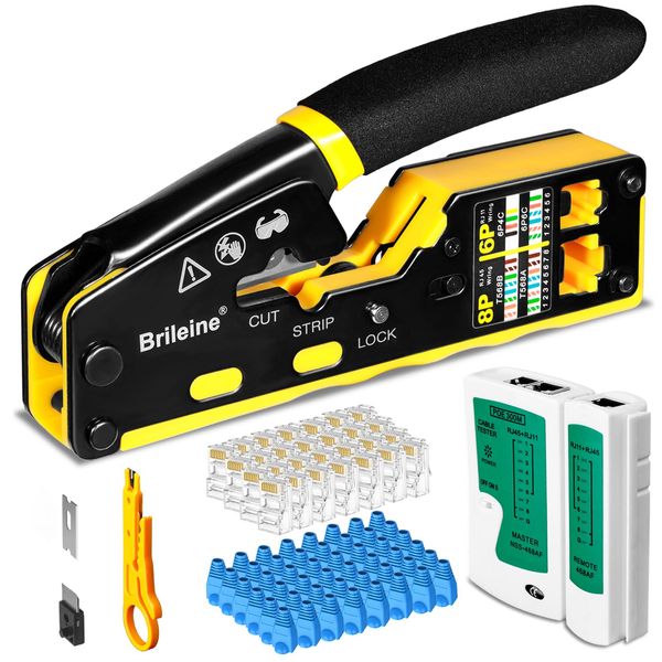 Brileine RJ45 Crimp Tool Pass Through Kit - RJ45 Crimping Tool Cat5 Cat5e Cat6 Crimping Tool for RJ11/12/RJ45 6P/8P with Network LAN Cable Tester, 50PCS CAT6 Connectors