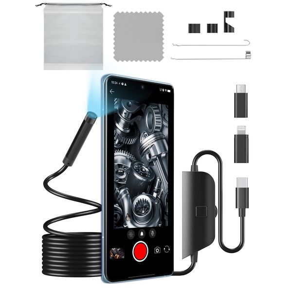 Endoscope Inspection Camera,1080P HD Endoscope Camera with Light,Endoscope with 8 LED Lights 16.4ft Semi-Rigid Snake IP67 Waterproof Endoscope Camera for iOS,Android phone with OTG,iPad