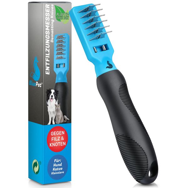 BluePet Profi Entfilzungskamm für Hunde und Katzen | Entfilzungshaken | Entfilzungsmesser | Entfilzungsharke Katze | Knoten Entferner Katze | Entfilzungskamm Hund | Entfernt Verfilzungen und Knoten