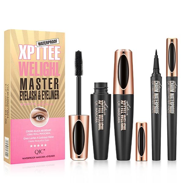 Joyeee 2er-Pack Mascara-Eyeliner-Set, Vibely 4D Seidenfaser Schwarz Wimperntusche und flüssiger Eyeliner, dickere voluminöse Wimpern, langanhaltendes wasserfestes wischfestes Augen-Make-up-Set(05)