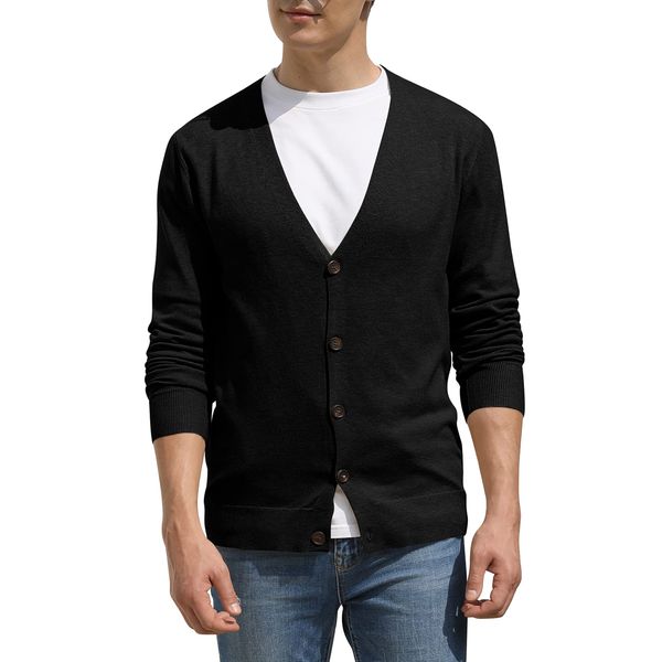 Hisir Men's Knit Cardigans Jumpers Lightweight Classic Soft Wool V Neck Cardigan with Buttons, Long Sleeve Knitwear Pullover Sweaters for Men, Mens Gift (Black, L)