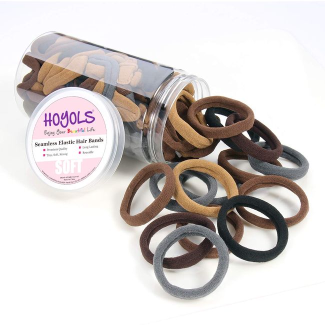 HOYOLS Soft Thick Seamless Cotton Hair Ties, Ponytail Scrunchies Head bands No Damage Crease for Women Girls Kids Ponytail Holder 100 Pieces (Brunette Brown Set)