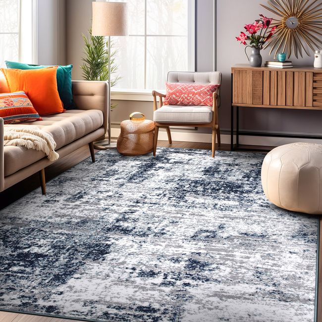 Rugshop Rugs for Living Room 8x10 Distressed Abstract Blue Rug Large Modern Rugs