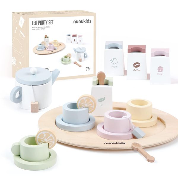 nunukids Wooden Tea Set for Little Girls Tea Party Set for Toddlers 20pcs Playset Pretend Play Tea Set Toy