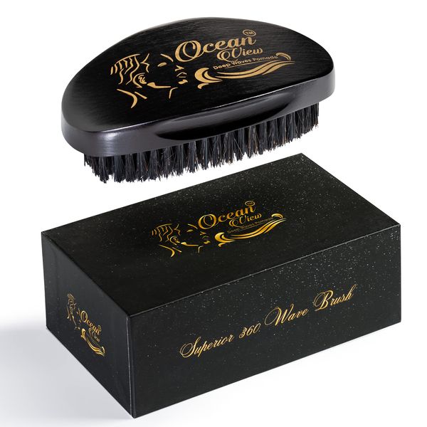 Ocean View Deep Waves Pomade Wave Brush for Men, 360 Waves Hair Brush with Medium Firm Bristles Helps Build 540 and 720 Waves - Wooden Palm Brush Contoured for Maximum Control with Thumb Indentations