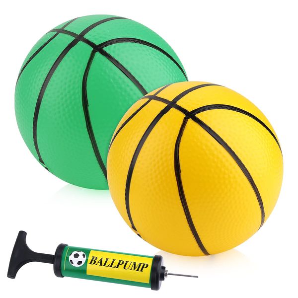 Thinp 2 Pack Small Basketballs for Kids, 5.5" Mini Inflatable Miniature Basketball Set with Included Pump and Needle Basketball for Kids Teenagers Indoor and Outdoor Play Pool Parties(Green+Yellow)