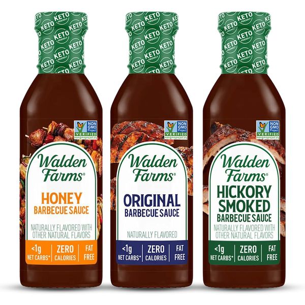 Walden Farms Variety Pack BBQ Sauces 12 oz - Original, Hickory Smoke & Honey Flavor - Near Zero Carbs, Sugar Free, Vegan, Kosher and Keto Friendly - Great for Steak, Chicken, Marinate Meats and More