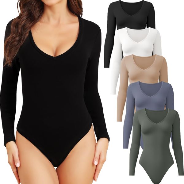 CE' CERDR 4/5 Pack Long Sleeve Bodysuits for Women Deep V Neck Stretchy Basic Body Suit Tops