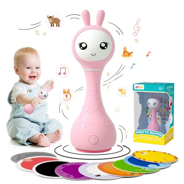 alilo Smart Bunny Baby Rattle Musical Light Up Toys, Infants Newborns Baby Toys 0-3-6-12-18-24 Months,1 Year Old Baby Girl Gifts, 4 Music Modes and Color Recognition Function with 9 Color Card