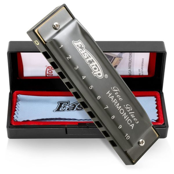 East Top Harmonica, Beginner, Blues Harmonica, C-tone, 10 Holes, 10 Holes, Stainless Steel Cover, Diatonic Harmonica, Clean Cloth, For Beginners, Professionals, Study, Practice (T003-Grey-C)