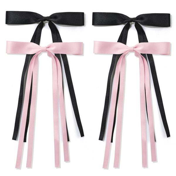 Ribbon Hair bow Hair Clips, Black Pink Long Tail French hair Bows, Hair Clips Tassel Ribbon Bowknot for Women Girl, Bow Hair Barrette Dress Up Accessories for Birthday/Party/Show/Christmas