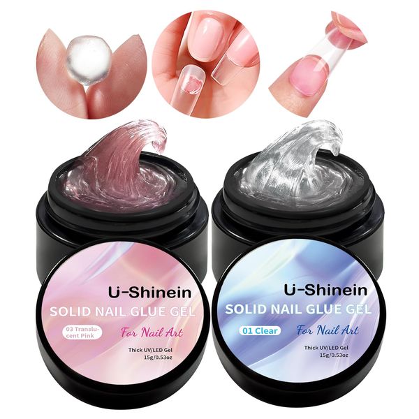 U-Shinein 2 * 15 ml Solid Nail Glue Gel, Nail Tips Glue Gel for Acrylic Nails, Press on Solid Glue Gel, Nail Art Manicure Glue Gel, Translucent Pink+Transparent