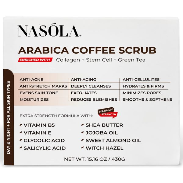 Nasola Arabica Coffee Body Scrub with Collagen, Green Tea & Stem Cell – Exfoliating Body Scrubber & Face Cleanser – Coffee Scrub for Wrinkles, Stretch Marks, and for Smoother Skin, 15.16 Oz