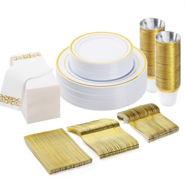 175PCS Gold Disposable Dinnerware Set (25 Guests), Plastic Plates for Party, Wed