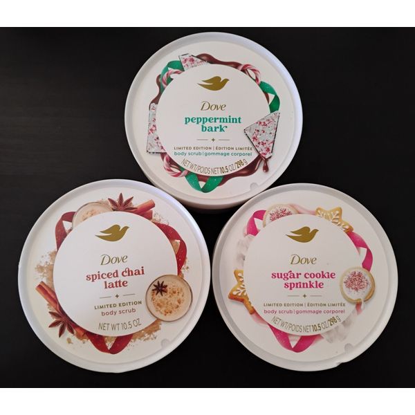 Set of 3 2024 Dove Holiday Treats Body Scrub Peppermint Sugar Cookie Spiced Chai