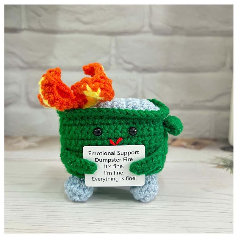 TOYMIS Crochet Trash Can Doll - Adorable Hand-Knitted Positive Ornament With Inspirational Card, Cute Desk Decor