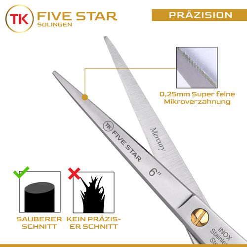 TK FIVE STAR SOLINGEN® Mercury Professional 6 Inch Extra Sharp Hairdressing Scissors Hair Cutting Scissors Rustproof for Men and Women Hairdressers and Children Suitable for Strong and Fine Hair