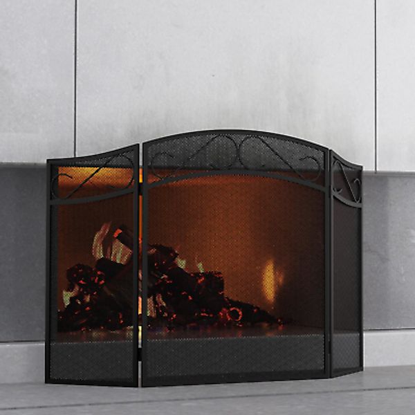 Fireplace Screen 3 Panel Wrought Iron with Protective Mesh Guard Black