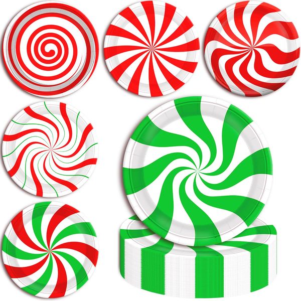 FZR Legend 60 Christmas Candy Party Paper Plates, 7 Inch Red White and Green Striped Xmas Theme Disposable Dessert Cake Plates Dinnerware for Christmas Holiday Supplies Decorations