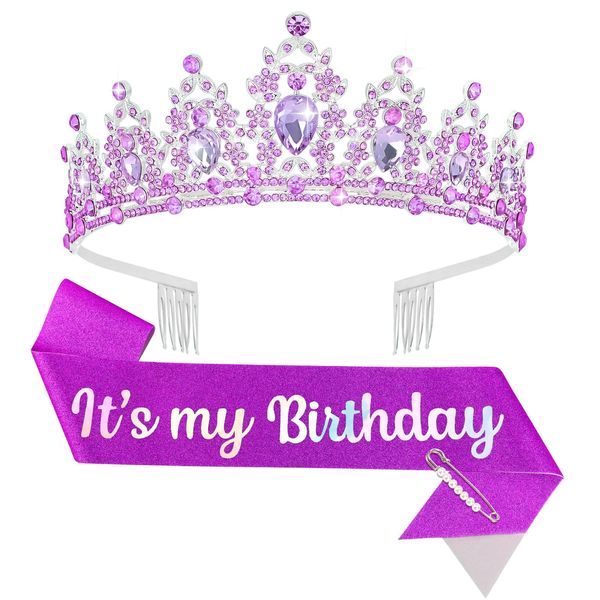 BAHABY Birthday Crowns for Women It's My Birthday Sash & Rhinestone Tiara Set Princess Birthday Sash and Tiara for Women Birthday Decorations (Purple)