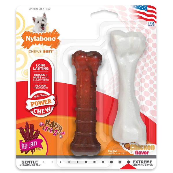 Nylabone Power Chew Classic Bone Chew Toy for Dogs, Durable Dog Toys for Aggressive Chewers, Flavor Frenzy Beef Jerky & Chicken Small/Regular (2 Count)