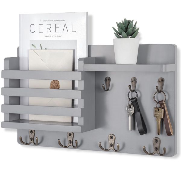 Nekon Mail Holder for Wall Mail Organizer with Key Hooks Hallway Farmhouse Decor Letter Sorter with Floating Shelf (16.8Inch x 10Inch x 3.2Inch) (Gray)