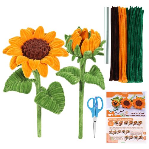 190PCS Pipe Cleaners Chenille Stem Craft Flower Supplies, Pipe Cleaner Flowers Crafts, Pipe Cleaner Sunflowers Kit with Instructions, 3 Colors Pipe Cleaners Set for DIY Craft Decorations-2 Flowers