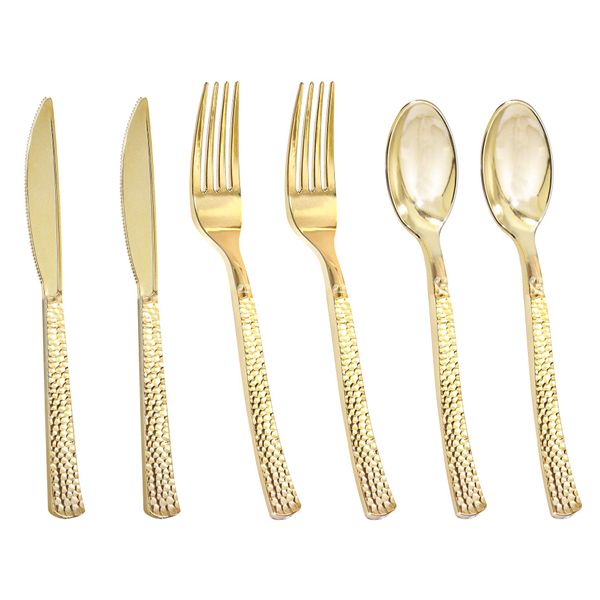 Nervure 300PCS Gold Hammered Plastic Silverware set,Heavy-weight Gold cutlery,Disposable plastic cutlery(100 Forks 100Knives 100Spoons) Perfect for Parties,Weddings& Catering Events (Gold)