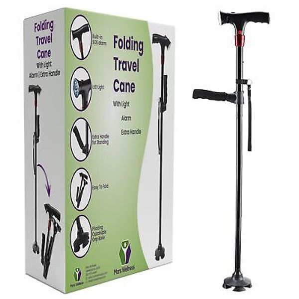 Premium Travel Lightweight Folding Walking Cane with LED Flashlight - SOS Ala...