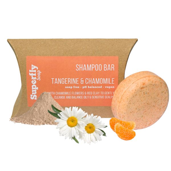 Solid Shampoo Bars for hair UK made - Tangerine and Chamomile Scent for Super Soft Hair. SLS and Soap Free Shampoo Bar. 99% natural. Plastic free and vegan friendly. Handmade Citrus Shampoo Bar.