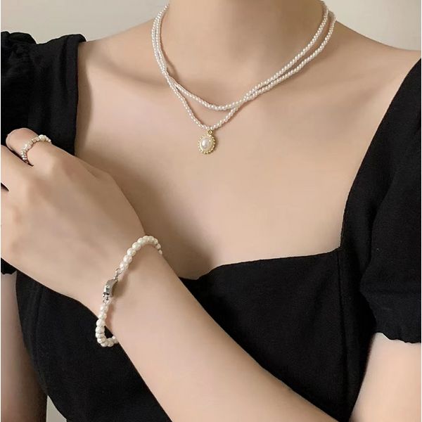 Canelli Pearl Layered Necklace / Button Pendant Pearl Double Row Necklace Blouse Layered Necklace CH1009N