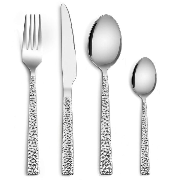 Cutlery Sets 16 Piece, Homikit Stainless Steel Hammered Cutlery Flatware Set, Silver Fork Knife Spoon Tableware Set Service for 4, Healthy & Non-Toxic, Mirror Finished & Dishwasher Safe