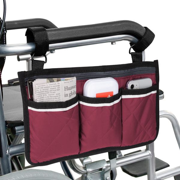 supregear Wheelchair Armrest Side Bag, Walker Organizer Bag with Reflective Stripes Waterproof Storage Pouches for Any Wheelchair, Mobility Scooter, Walker, Rollator Carry Accessories (Wine Red)