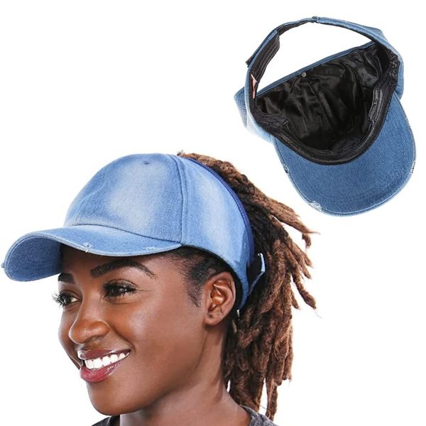 Beautifully Warm Satin Lined Baseball Hat for Women | Ponytail Hat for Curly Natural Hair | Backless Cap | Curl Hair Cap Denim