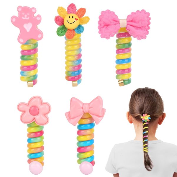 HXC 5PCS Telephone Wire Hair Bands Colorful Hair Accessories for Girls Novelty Spiral Hair Ties Elastic Hair No Damage Kids Ponytail Holders