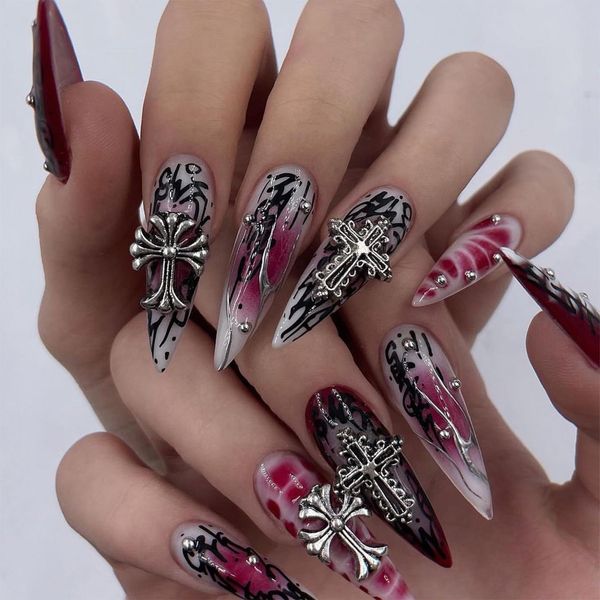 24pcs Long Stiletto False Nails Dark Red Black Stick on Nails Silver Cross Press on Nails Removable Glue on Nails Full Cover Fake Nails Women Bridal Nail Art Accessories