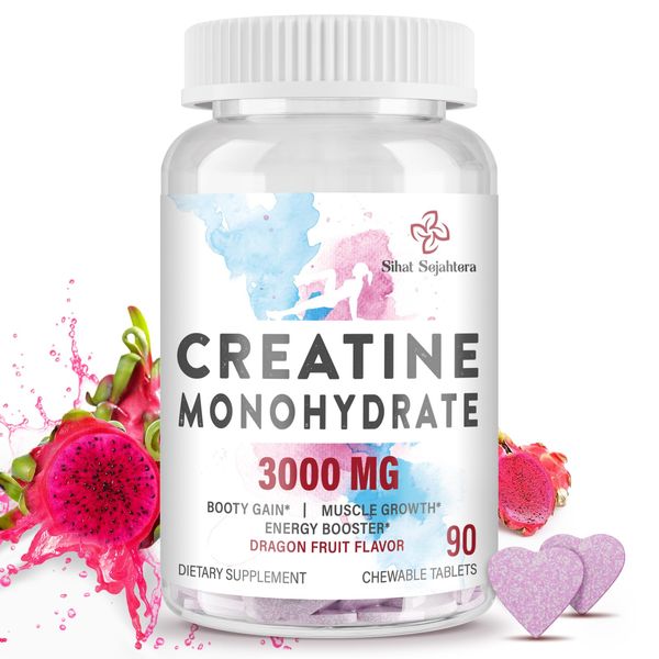 Creatine Monohydrate for Women, 3000 mg Creatine Pills with Hydrolyzed Collagen, BCAA, Panax Notoginseng Extract – Performance & Recovery, Dragon Fruit Flavor Creatine Chews Tablets, 90 Count