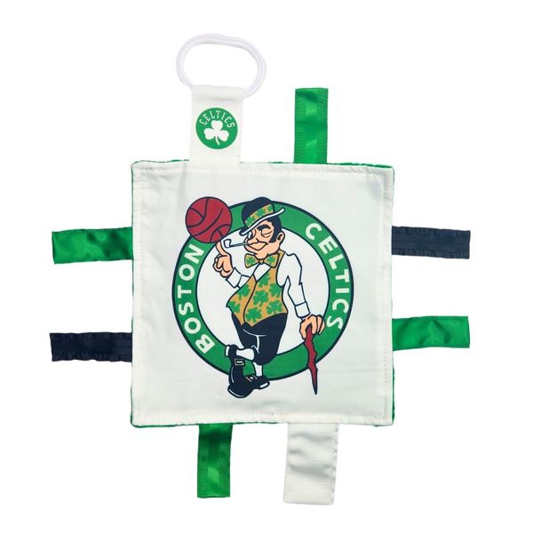 The Learning Lovey Boston Celtics Baby Tag Toy - NBA Basketball - Baby Sensory Crinkle Toys - Soft & Safe - Ideal Baby Stroller Toy - BPA Free w/Stroller Clip (8 x 8 Tag Toy)