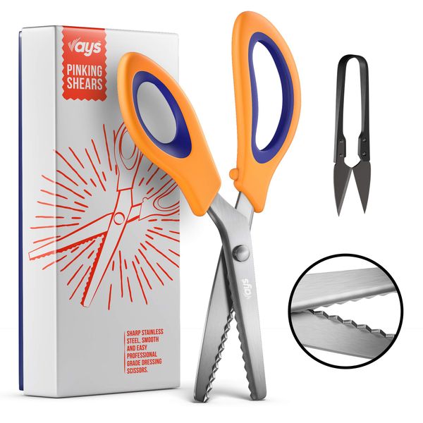 VAYS Pinking Shears for Fabric, Dressmaking & Crafting - Stainless Steel Sharp Zig Zag Crimping Scissors for Sewing - Thread Cutter Included (Serrated Edge)