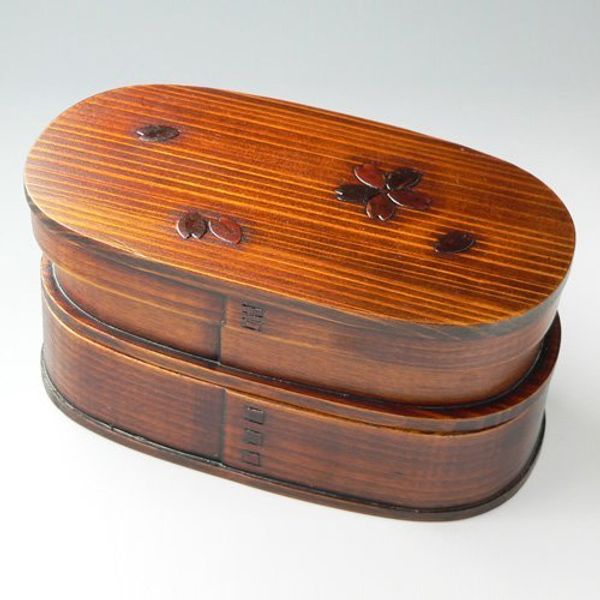 Magewappa Oval Two-tier Lunch Box, Cherry Blossom, Lacquer, Lacquerware, Cedar, Moisturizing, Natural Wood, Side Dishes, Natural Wood, For Women and Men