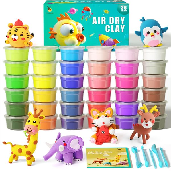 Cutedeer Air Dry Clay Kit, 36 Colors Modeling Clay for Kids, Soft Squishy Molding Clay with Sculpting Tools and Tutorials, Arts Crafts Gift for Boys Girls