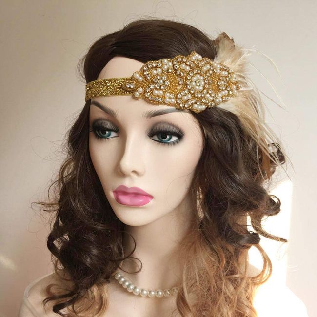 Asooll 1920s Feather Headband Gold Vintage Crystal Flapper Headpiece Gatsby Headdress Prom Head Accessories for Women and Girls