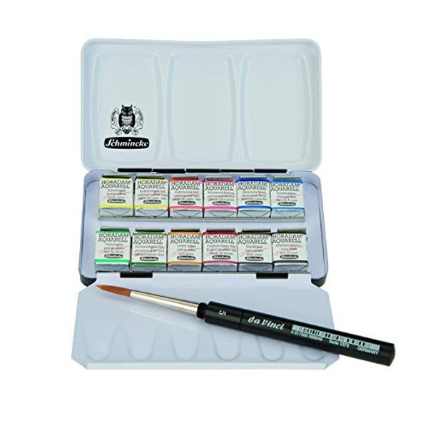 Schmincke Horadam Aquarell Half-Pan Paint Metal Compact Set with Brush, Set of 12 Colors (74012097)