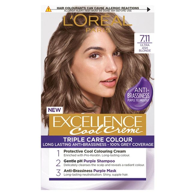 L'Oréal Paris Excellence Cool Crème Permanent Hair Dye, Radiant At-Home Hair Colour with up to 100% Grey Coverage, Pro-Keratin, Up to 8 Weeks of Colour, Colour: 7.11 Ultimate Ash Blond