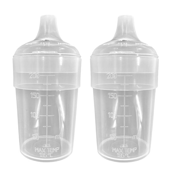 Chabrias Ltd 2 Pack Clear, Wide Spout Feeding Beakers, Drinking Cups for The Elderly, Adult Sippy Cup, 200ml Autoclavable, Microwave Safe and Spill-Proof UK Made (Narrow Spout Lid)