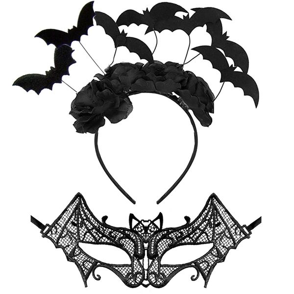 Halloween Black Bat Headband and One Bat Masquerade Mask for Women Bat Halloween Dress Up Costume Accessories