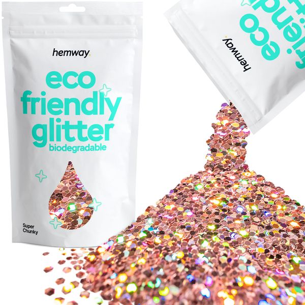 Hemway Biodegradable Glitter Eco Friendly - 100g/3.5oz Bio Cosmetic Safe Sparkle Vegan for Face Eyeshadow Body Hair Festival Makeup Craft - Super Chunky (1/8" 0.125" 3mm) - Rose Gold Holographic