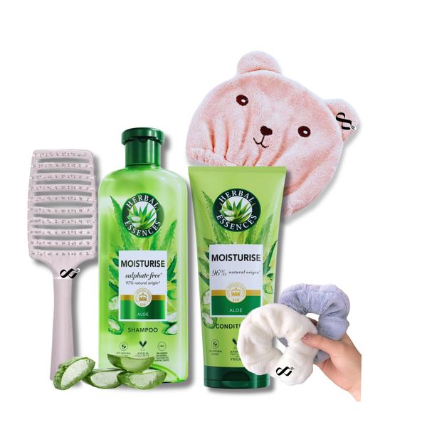 Sulphate Free Vegan Shampoo and Conditioner Set Bundle with Herbal Essences 350ml Shampoo,250ml Conditioner & Infinite Emblems Hair Care Drying Cap, Brush, Scrunchies.