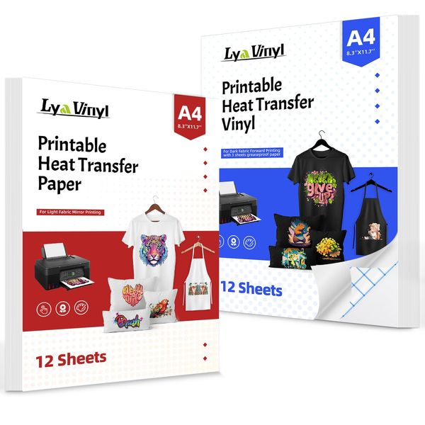 Printable Heat Transfer Vinyl for T Shirts 27 Sheets - 8.5" X 11" Heat Transfer Paper for Inkjet Printer - 12 Sheets Iron on Transfer Paper for Light & 12 Sheets HTV for Dark & 3 Greaseproof Paper